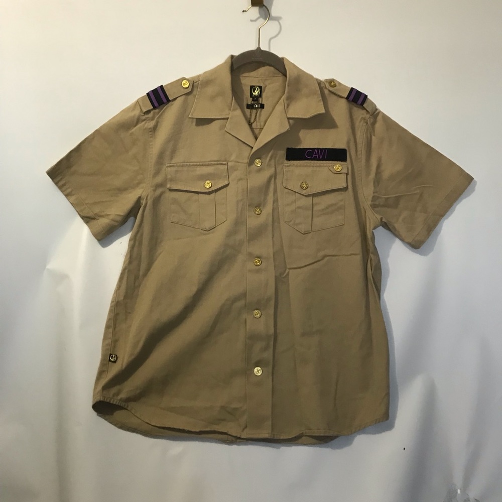 Cavi Military Button Down Shirt Tan Medium Gold Hip Hop Urban Medium Cotton